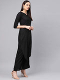 Idalia Rayon Solid Straight Black Kurta Set For Women 3/4 Sleeve, Round V Neck Designer Kurta With Palazzo Pant Set Black L