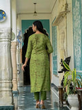 Anni Designer Women'S Cotton Blend Straight Printed Kurta With Pant & Dupatta (Kajal Mehandi_Xl_Green_X-Large),Green,XL,Cotton Blend,Straight,Kurta, Scarf