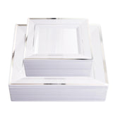 Liacere 100PCS White and Silver Square Plastic Plates - 50PCS Heavy Duty 9.5inch White Dinner Plates and 50PCS 6inch White Desse