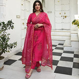 Anni Designer Women'S Cotton Blend Straight Kurta With Pant & Dupatta (Garden Pink_Xl_Pink_X-Large),Pink,XL,Cotton Blend,Straight,Kurta with pant & dupatta