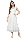 Sugathari Georgette Jacquard Butti White Square Neck Knee Length Western Dresses for Women (Dress2 89 White L)