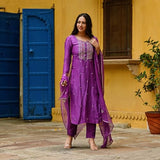 Anni Designer Women'S Cotton Blend Embroidered Straight Kurta With Pant & Dupatta (Kasturi Magenta_S_Magenta_Small),Magenta,S,Cotton Blend,Regular,