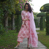 Anni Designer Women'S Cotton Blend Printed Straight Kurta With Pant & Dupatta Pack Of 2 (Combo-Cup-Off White-Chhapa-Pink_M_Multi_Medium),Multicolour,M,Cotton Blend,Regular,