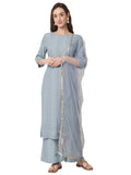Shopping Queen Women's Silk Blend Chikankari Embroidery Kurta set with Dupatta (A447_Sky Blue_L)