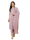 RIEKA Womens Ethnically Embroidered Kurta Set with Dupatta | Straight Kurta Pant Set for Women | V Neck 3/4 Sleeve, Lavender, XXL