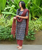 Anni Designer Women'S Cotton Blend Straight Printed Kurta With Pant & Dupatta (Kagni Blue_Xl_Blue_X-Large),Blue,XL,Cotton Blend,Regular,