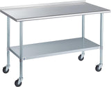 Stainless Steel Table for Prep & Work with Caster & Backsplash 30x60 Inches, NSF Metal Commercial Kitchen Heavy Duty Table with