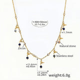 Moon & Stone Charm Necklace Gold Stainless Steel Chain with Zircon & Natural Stone Dangles Lightweight 6g