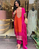 Anni Designer Women'S Rayon Blend Straight Embroidered Kurta With Pant & Dupatta (Lasivan Pink_S_Pink_Small),Pink,S,Rayon Blend,Regular,