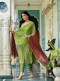 Anni Designer Women'S Cotton Blend Straight Printed Kurta With Pant & Dupatta (Kajal Mehandi_Xl_Green_X-Large),Green,XL,Cotton Blend,Straight,Kurta, Scarf