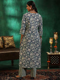 Libas Womens Printed Cotton Straight Kurta With Trousers Blue M 48992