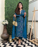 Anni Designer Women'S Rayon Blend Straight Printed Kurta With Pant & Dupatta (Turae Cerosin_S_Dark Blue_Small),Dark Blue,S,Rayon Blend,Regular,Kurta, Scarf