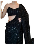 Flosive Women's Thread Sequence Work Georgette Saree With Blouse (BLACK)