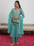 Libas Womens Embellished Organza Straight Kurta With Trousers And Dupatta Sea Green 2Xl