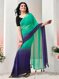 Satrani Women'S Georgette Dyed Padding Ready To Wear Saree With Unstitched Blouse Piece (4Rs106N_Teal Green & Navy Blue6)