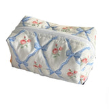 irLocy Coquette Bow Y2k Makeup Bag Cute Quilted Make Up Pouch Small Preppy Floral Cosmetic Bag Toiletry Organizer Bag (blue flow