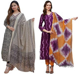 Anni Designer Women'S Cotton Blend Printed Straight Kurta With Pant & Dupatta Pack Of 2 (Combo-Nihira Cream-Mukhi Pink_S_Multi_Small),Multicolour,S