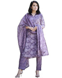 Anni Designer Women'S Cotton Blend Straight Printed Kurta With Pant & Dupatta (Harana Blue_L_Blue_Large),Blue,L