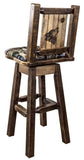 Montana Woodworks Homestead Collection Barstool With Back & Swivel, Upholstered Seat, Woodland Pattern With Laser Engraved Wolf