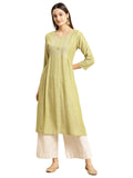 rangita Mint Green Viscose Calf Length Embroidered Flared Kurti for Women | Kurta for Women_L