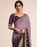 Satrani Womens Georgette Lace & Foil Printed Saree With Unstitched Blouse Piece (2826S478Na_Wine & Light Purple5)