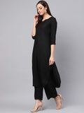Idalia Rayon Solid Straight Black Kurta Set For Women 3/4 Sleeve, Round V Neck Designer Kurta With Palazzo Pant Set Black L
