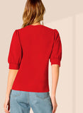 Wedani Women'S Casual Puff Sleeves Round Collor Solid Top (Large Red),Red,L,Polyester,Regular,
