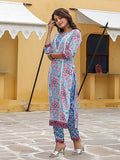 Gosriki Women'S Cotton Blend Straight Printed Kurta With Pant Set (Kormake-Multi-Nw-Gs_S_Blue_Small),Blue,,B0CFFGWRTS