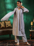 Libas Womens Printed Silk Blend Straight Kurta With Trousers And Dupatta Grey M