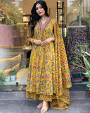 Anni Designer Women'S Rayon Blend Anarkali Printed Kurta With Pant & Dupatta (Cia Yellow-Vks01_4Xl_Yellow_Xxxx-Large),Yellow,4XL,Rayon Blend,Anarkali,