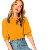 Wedani Women'S Casual Puff Sleeves Round Collor Solid Top (Medium Mustard),Mustard,M