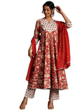 Libas Red Printed Cotton Anarkali Kurta With Trousers & Dupatta