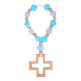 Cross Baptism Silicone Rosary, Blue Flower Beads Baby Rosary Teether with Wooden Cross for Baby Shower Christian Communion Party