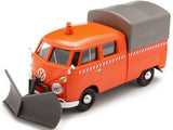 Motormax Volkswagen Type 2 (T1) Pickup Truck Orange with Snow Plow and Camper Shell 1/24 Diecast Model Car