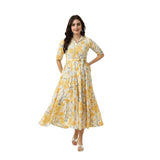 Harivar Women Floral Printed ALine Kurti Dress With Belt Poly Rayon Knee Length Dress, Button Front Collar Neck Casual Western