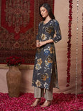 Anni Designer Women'S Rayon Blend Straight Printed Kurta With Pant (Kejri Grey_Xxl_Grey_Xx-Large),Grey,2XL,Rayon Blend,Casual,