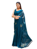 Satrani Women's Chiffon Bandhani Printed & Woven Border Saree with Unstitched Blouse Piece (3479S211N_Teal Blue & Beige)