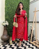 Anni Designer Women'S Rayon Blend Bandhani Printed Regular Fit Straight Kurta With Pant & Dupatta (Turae-Red_Xl_Red_X-Large),Red,XL,Rayon Blend,Regular,Kurta, Scarf