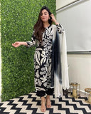 Anni Designer Women'S Cotton Blend Printed Straight Kurta With Pant & Dupatta (Jasper Black_3Xl_Black_Xxx-Large),Black,3XL,Cotton Blend,Regular,