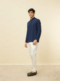 Manyavar Mens Blue Art Silk Solid Short Kurtas Blue L