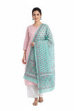 India Scarves Aqua Pink Mul Cotton Dupatta | Sanganeri Rose Floral Block Print | 250X120Cm IsyvskA05