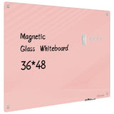 Birouwe Magnetic Glass Whiteboard - 48x36 Frameless Glass Dry Erase Board for Walls, Office, School, Home - Pink