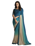 Satrani Womens Pure Chiffon Saree (3568S133N_Beige & Turquoise & Peacock Blue)