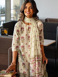Libas Womens Printed Cotton Straight Kurta With Salwar And Dupatta Off White L 400229O