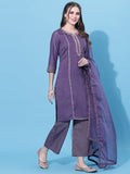 Sanisa Women'S Embroidery Chinnon Straight Kurta Set With Dupatta (35Kbd444N-M_Pastel Purple)