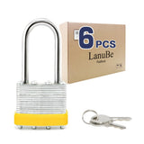 LanuBe Lock Laminated keyed Padlock (1-9/16, 40mm), keyed Alike Locks, Long Shackle,Marked Yellow Plastic Hoop, Pack of 6