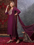 Gosriki Women'S Rayon Blend Embroidered Straight Kurta With Pant & Dupatta (Yuvani Wine-Vks01-Gs_S_Wine_Small),Wine,,B0D9YS1JVC