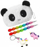 Eclet 5PCS Combo Stationery Set Panda Fur Pouch, 2 Moti Pencils, Key Chain & Eraser | Kids School Gift & Return Gift Pack UM