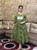 Anni Designer Women'S Rayon Blend Anarkali Printed Kurta With Pant (Anveshi Methi_L_Green_Large),Green,L,Rayon Blend,Anarkali,