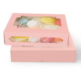 qiqee 50Packs Auto-pop Pink Cookie Boxes for Gift Giving 8x5.3x2 inch One Second Folding Pink Bakery Box with Window Treat Box f